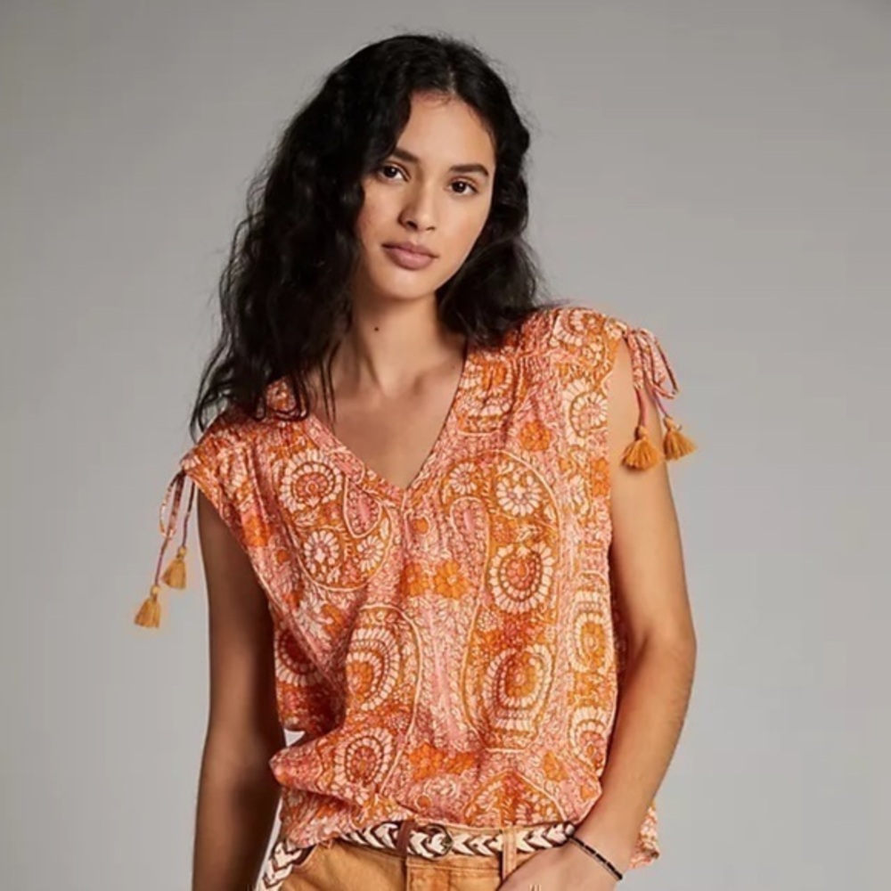 Anthropologie Boho Tassel Terra Shirred Blouse